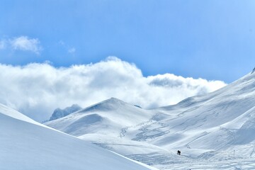 Obraz premium Stunning winter scenery of French alps and Courchevel ski resort slopes