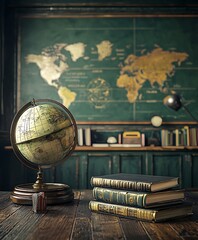 A classical study desk with a globe and stacked books