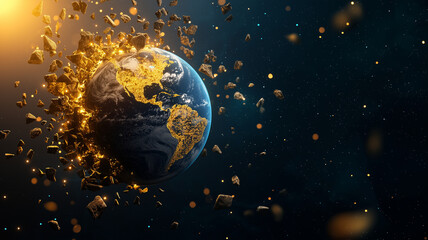 Obraz premium planet Earth is depicted as shattering into pieces, surrounded by glowing fragments and cosmic elements, evoking sense of destruction and transformation