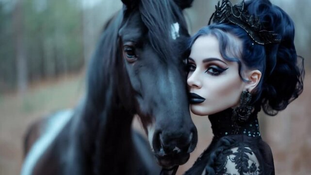 black horse and woman in a black gothic dress standing in the field.