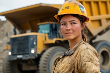 A young female miner poses in front of a big dump truck or grader gazing at the camera
