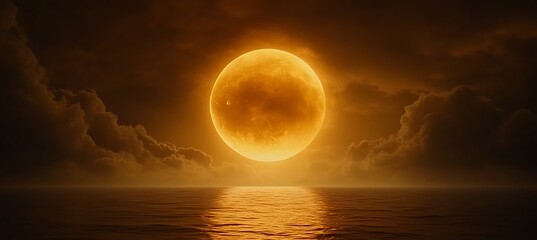 A large glowing celestial orb above a tranquil reflective ocean