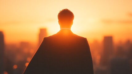 Man in suit facing sunset, silhouette against city skyline, reflecting ambition and new beginnings, perfect for motivational themes.