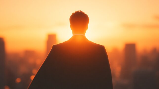 Man in suit facing sunset, silhouette against city skyline, reflecting ambition and new beginnings, perfect for motivational themes.