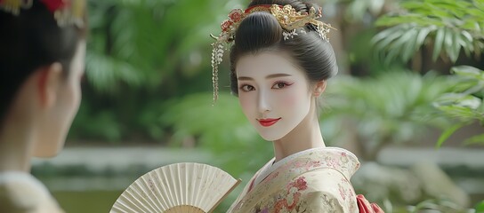 A beautifully dressed woman is posing in front of a garden