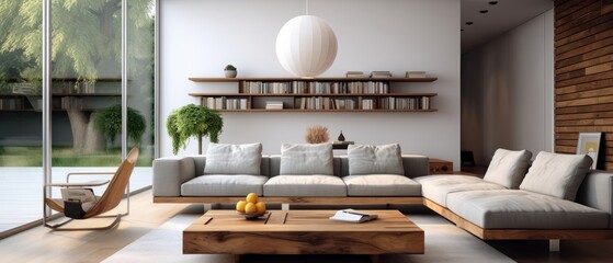 Living Room. Modern Illuminated Living Room Interior, Sleek and Stylish Design with Contemporary Furnishings and Bright Lighting, Home Decor Concept with Copy Space. Real Estate Concept. Hotel Concept