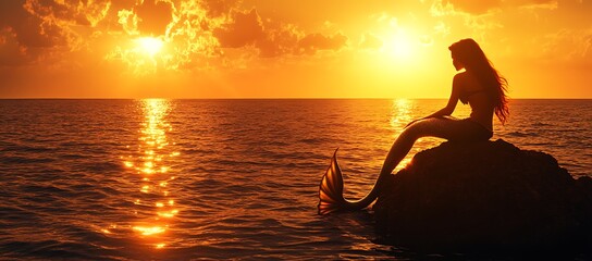 A mermaid sits on a rock watching the beautiful sunset
