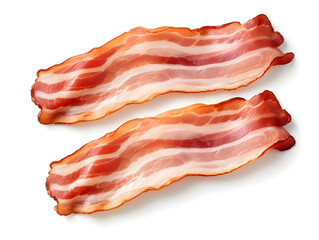 Obraz premium two crispy fried bacon slices isolated on white background, savory breakfast food concept
