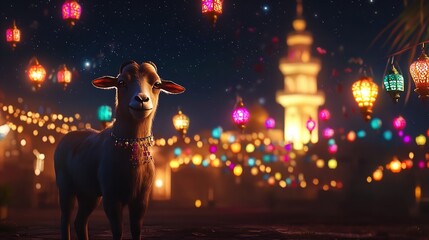 A Gentle Goat Stands Serenely Amidst A Vibrant Eid Al-adha Celebration, Bathed In The Warm Glow Of Festive Lanterns And A Starlit Night