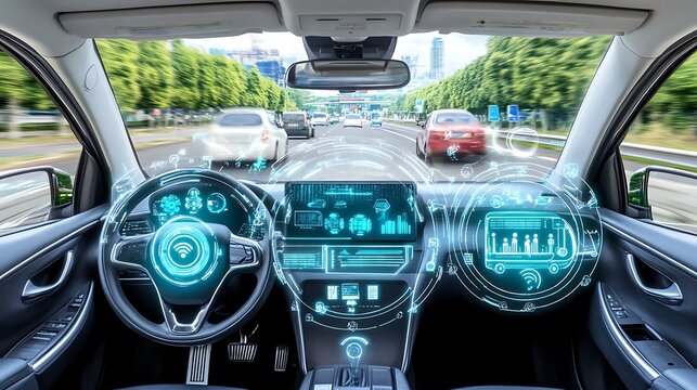 Futuristic car interior with holographic display showing navigation and vehicle data while driving on a city highway.