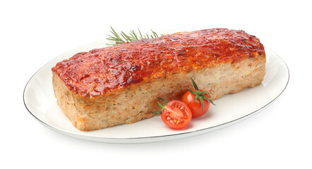 Delicious baked turkey meatloaf, cherry tomatoes and rosemary isolated on white