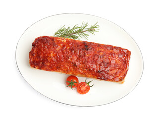 Delicious baked turkey meatloaf, cherry tomatoes and rosemary isolated on white, top view
