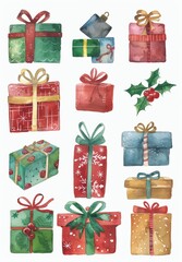 Watercolor painting of festive Christmas presents and holly leaves, beautifully arranged on a clean white background for holiday season greetings and decorations