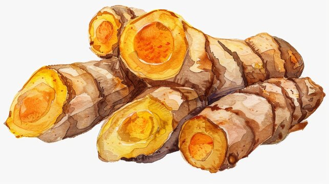 Watercolor Painting of Fresh Turmeric Root Sections Showing Vibrant Orange Interior and Rough Brown Skin on a White Background