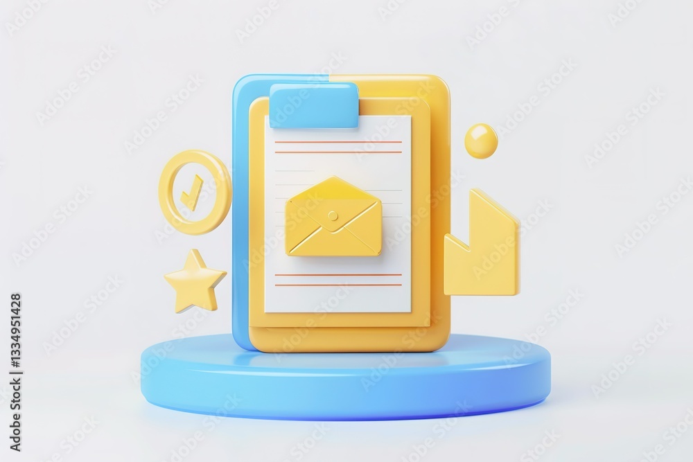 Poster stylized mail icon with checklist and confirmation on a blue round platform