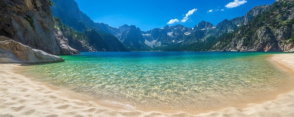 A scenic view of a mountain lake with a sandy beach