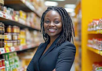 An African woman with beautiful dreadlocks stands proudly in a grocery store aisle, smiling confidently while surrounded by various food products and vibrant packaging