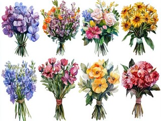 Obraz premium Watercolor painting of various flower bouquets in shades of purple, orange, yellow, and pink, with green leaves, isolated on white background