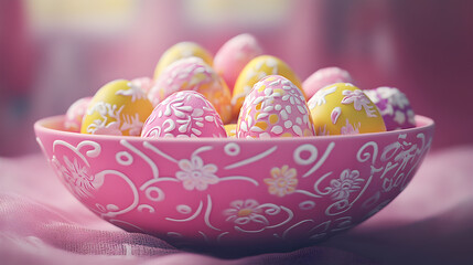 Fototapeta premium A bowl of eggs with pink and yellow designs on them