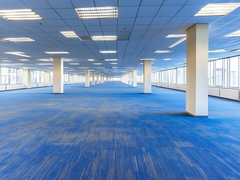 A spacious modern office room with blue carpet and columns
