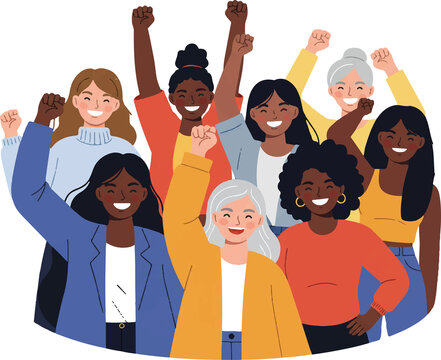 Diverse happy women standing together a group of diverse and joyful women stand united, smiling warmly while raising their hands with closed fists in celebration. Representing the theme Accelerate.