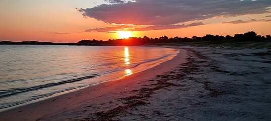 Beautiful sunset over the ocean reflected on the wet beach sand