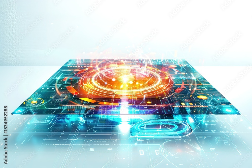 Poster abstract technology display with vibrant circular interface elements and bright lighting