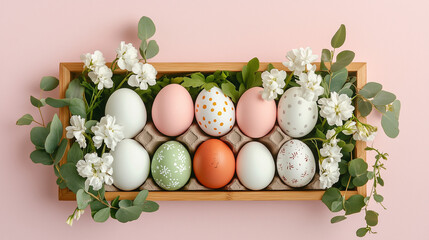 Obraz premium Decorative Easter eggs arranged in a wooden box with flowers 