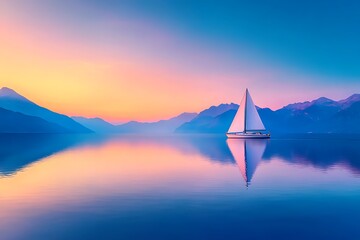 A peaceful sailboat sails across calm water with mountain views