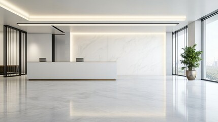 Sleek modern reception area, open space with minimalist design, bright lighting, greenery, perfect for welcoming visitors.