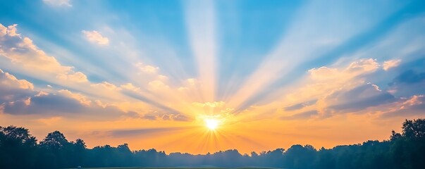 A vibrant sunrise radiating brilliant light above a landscape scene