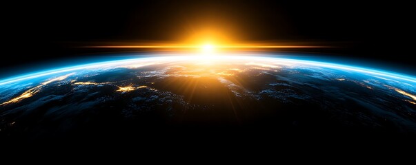 A vibrant sunrise view over the curved blue and dark Earth