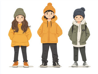 three cartoon children in warm autumn clothes, wearing jackets, beanies and boots, standing on white background