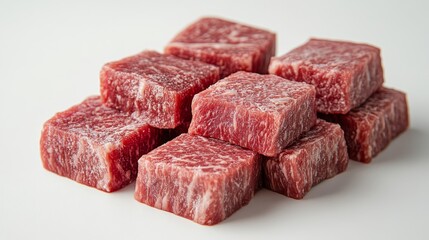 Fototapeta premium Pile of raw cube steaks or diced marbled beef cuts on a white surface ready for cooking