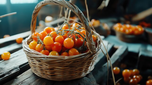 Basket of small orange tomatoes on a wooden table. the basket is made of woven straw and has a handle on top. the tomatoes are bright orange in color and appear to be ripe and ready to eat. - Powered by Adobe