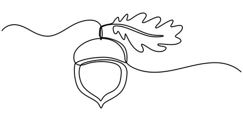 Acorn in one line black color on white background. Acorn design in line art style. Acorn icon design, One line art acorn. Single line art. Nature illustration for design, Acorn. Vector illustration. © Line emotion