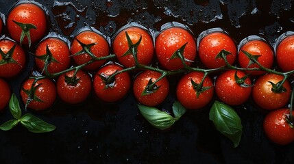 Group of red tomatoes with green leaves on a black surface. the tomatoes are arranged in a circular pattern, with some overlapping each other.