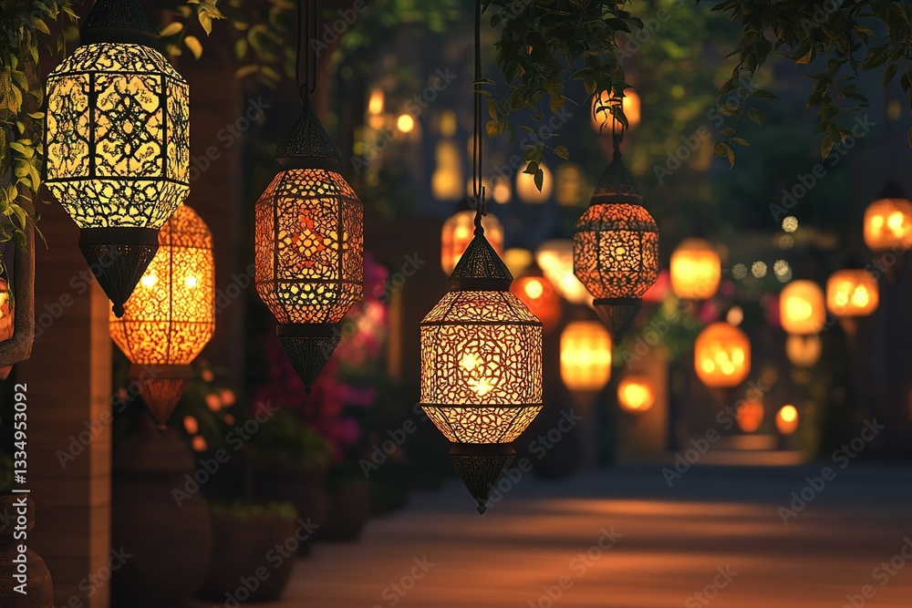 Poster ornate lanterns hang creating a warm and inviting atmosphere in the twilight hours