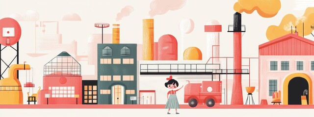 Obraz premium Whimsical Industrial Landscape Illustration with Factories, Buildings, and a Cheerful Girl Waving Hello in a Textured, Artistic Environment