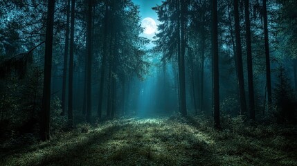 Obraz premium A quiet, moonlit night in a dense forest, with shadows cast by towering trees.
