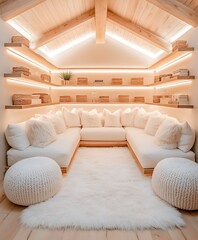 A cozy modern interior room features a white sectional and shelving
