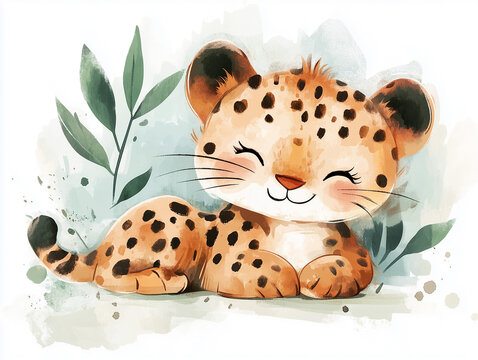 watercolor-style baby leopard vector with smiling face and green leaves, perfect for kids design