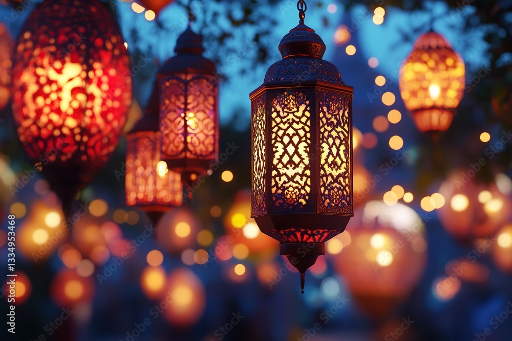 Poster hanging lanterns glow with intricate patterns in warm light creating a festive atmosphere