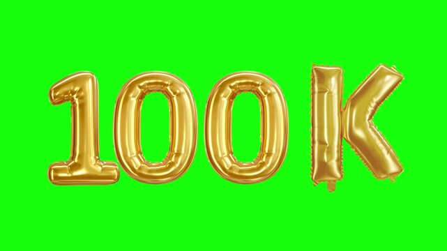 A set of golden foil balloons spelling 100K floating against a clean green background
