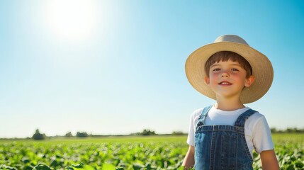 A Young Boy Standing In A Field Wearing A Hat