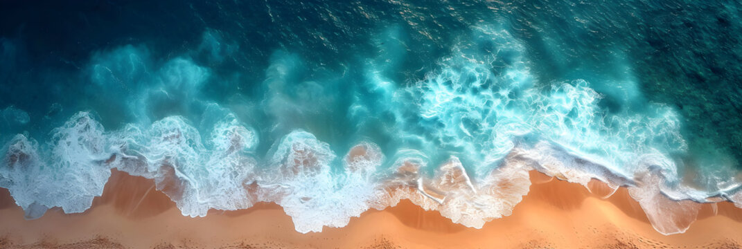 Aerial view of turquoise ocean waves washing sandy beach