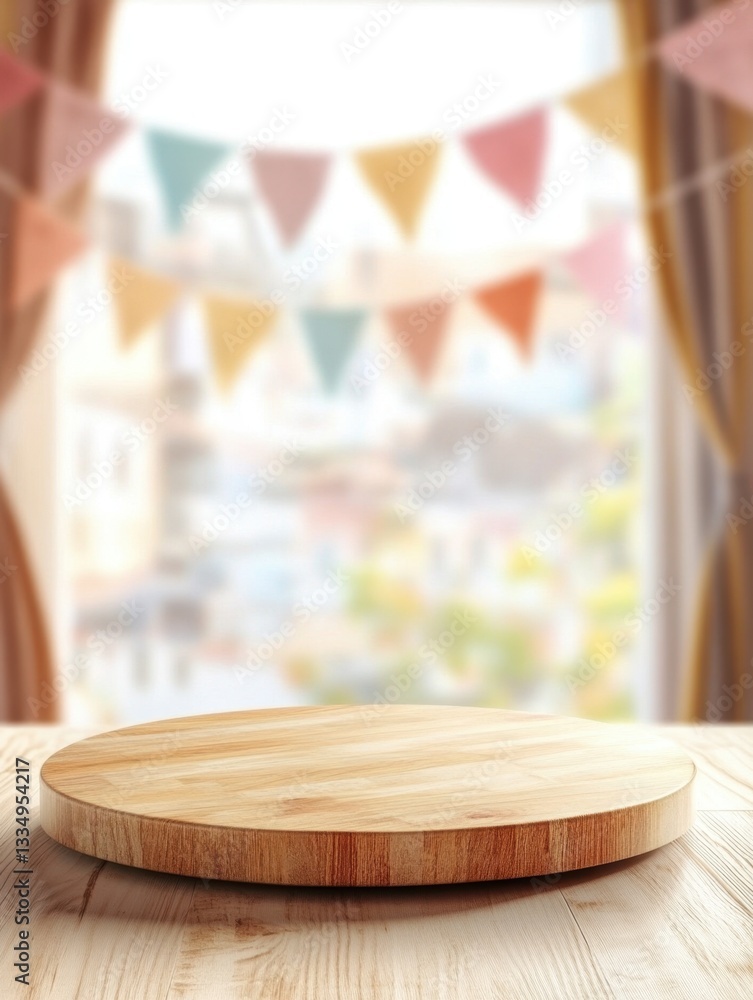 Poster a light wood circular display platform against a blurred background of window with pennant banner
