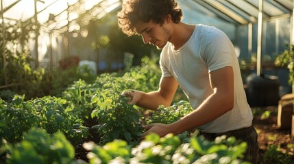 Obraz premium A young man tending plants inside of a greenhouse