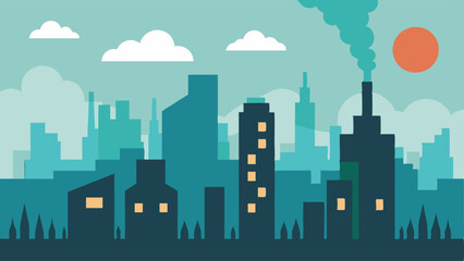 Fototapeta premium Pollution Skyline A depiction of a city skyline with smog and industrial smoke with warnings of air quality and the effects of pollution on weather.