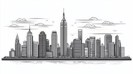Detailed Black and White Skyline Illustration of a Modern City with Tall Buildings and Clouds